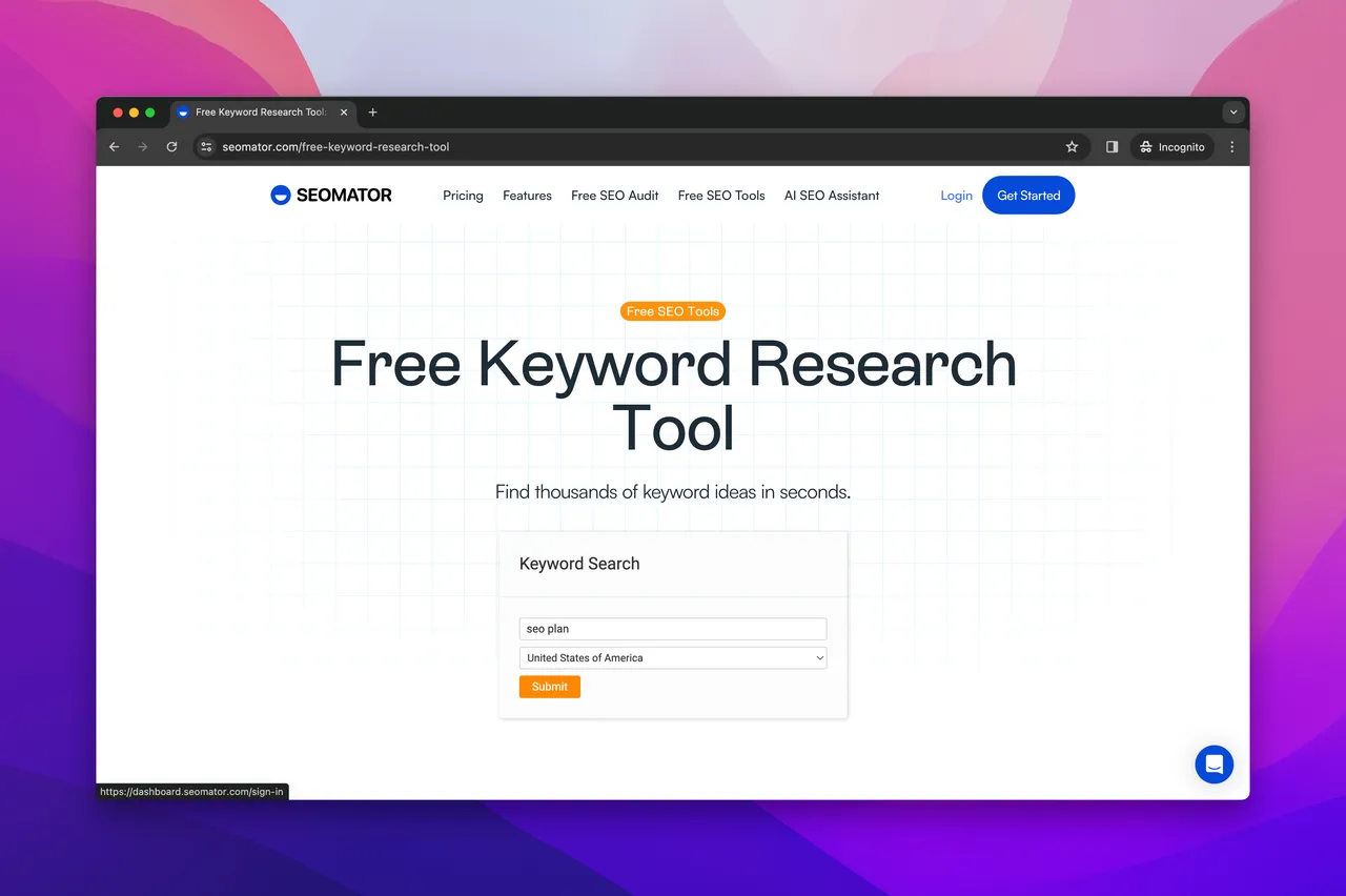 SEOmator's keyword research tool