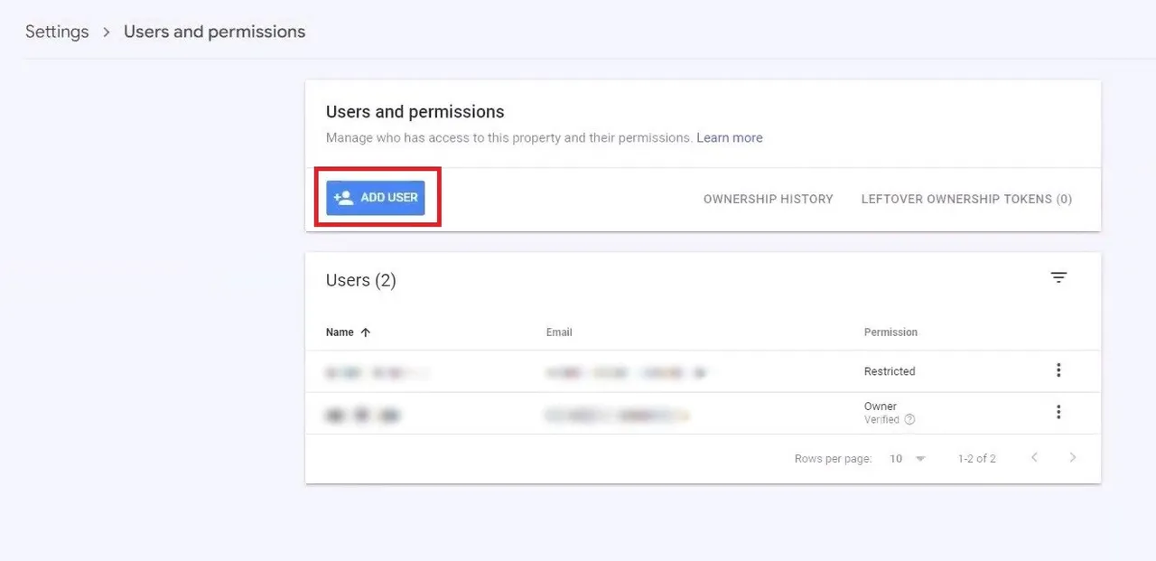 add user button on Google Search Console