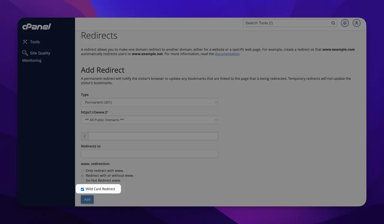 Aktivieren der Wildcard-Umleitung in cpanel