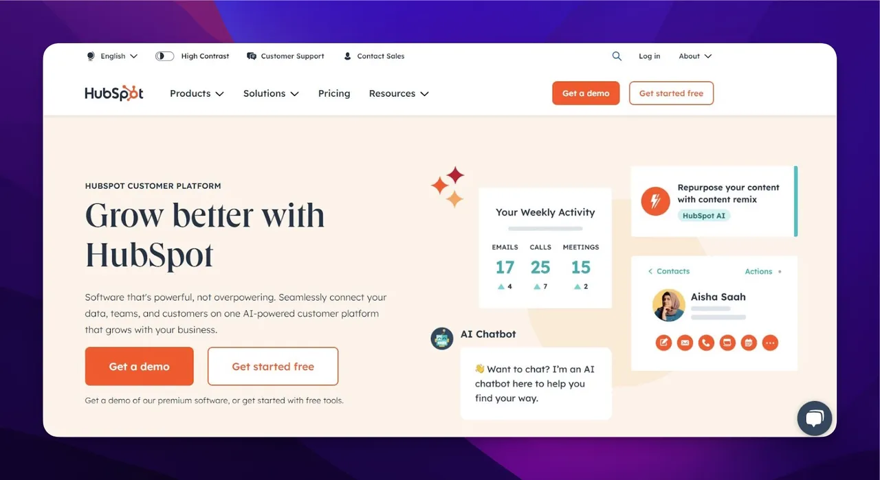 HubSpot CMS dashboard showing the content management interface with website pages, blog posts, and landing page management options