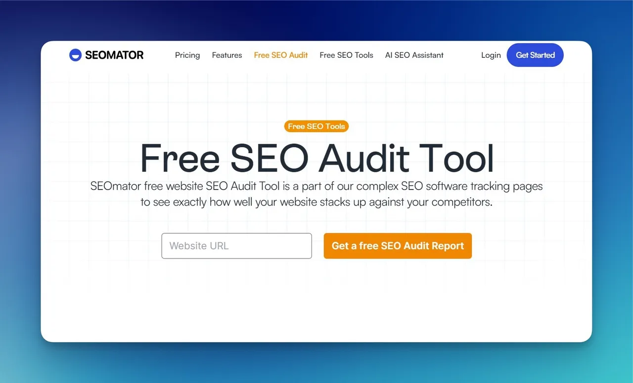 SEOmator free SEO audit tool interface showing website health score and technical analysis results