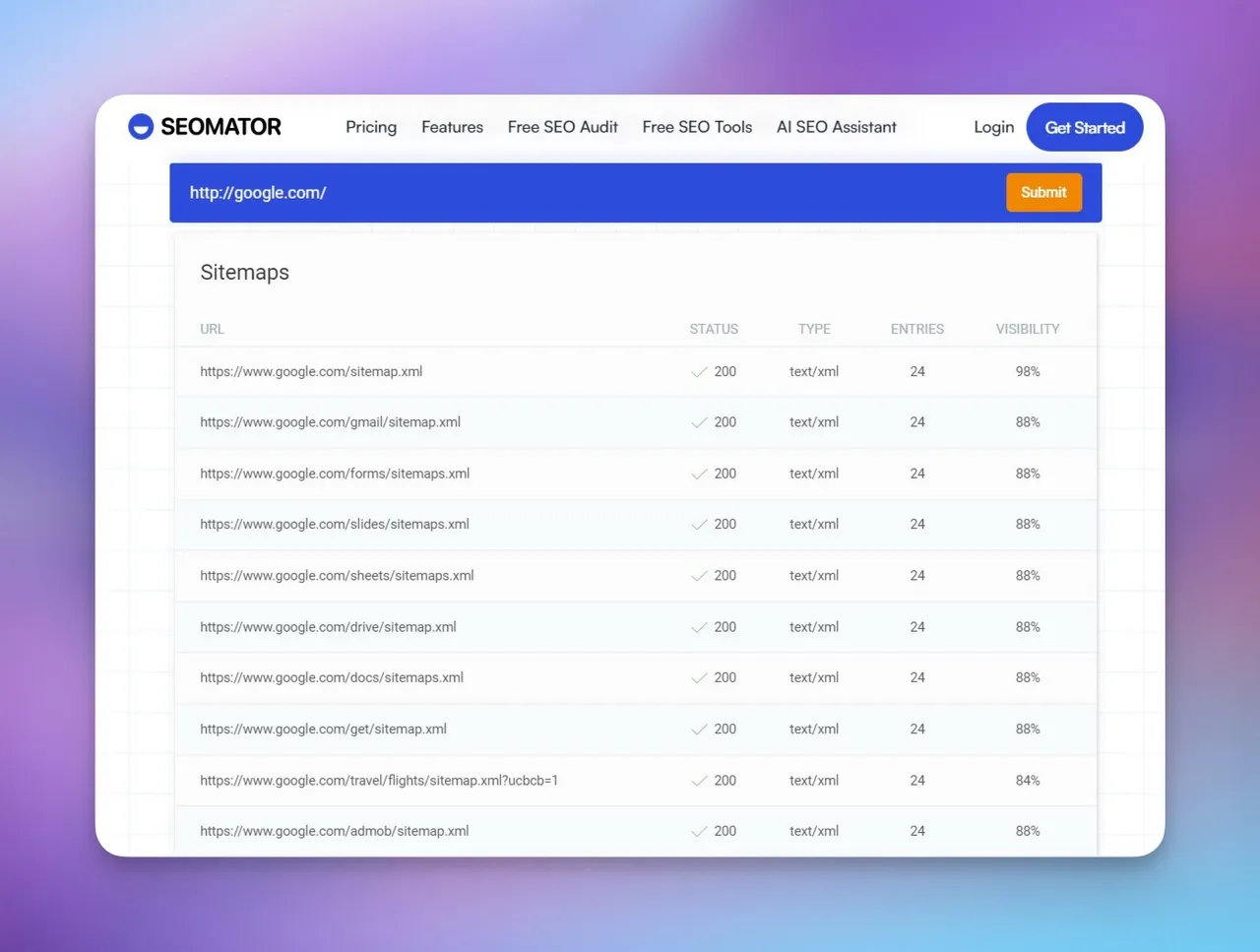 SEOmator Sitemap Finder tool interface with URL input field and Submit button for locating website sitemaps