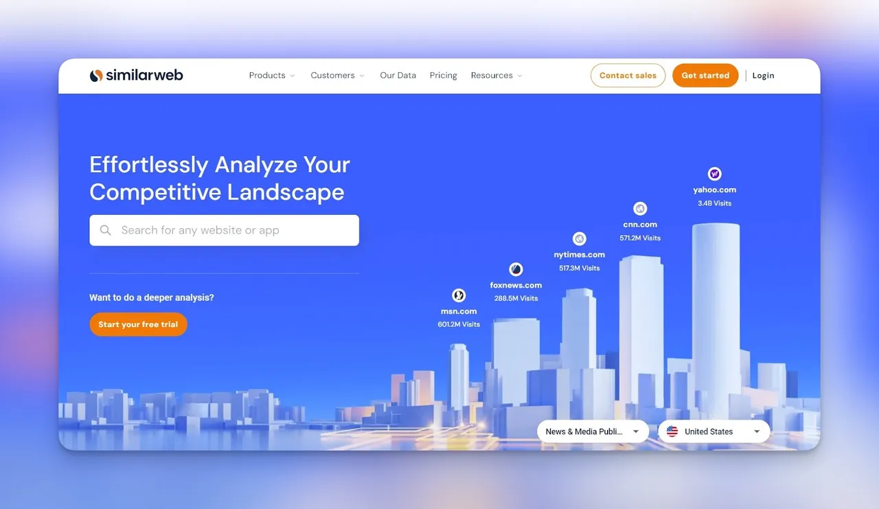Similarweb-Startseite mit Website-Traffic- und Analytics-Dashboard-Oberfläche