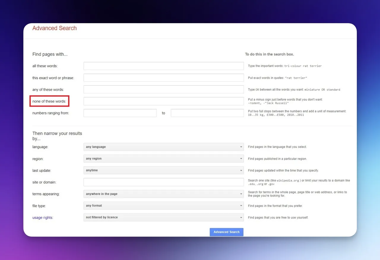 google advanced search filters