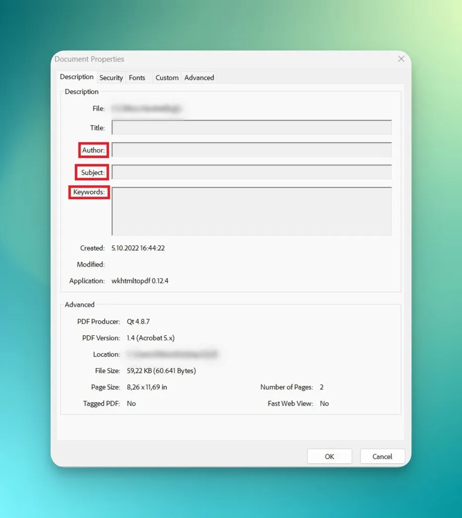author, subject and keywords section of document properties window