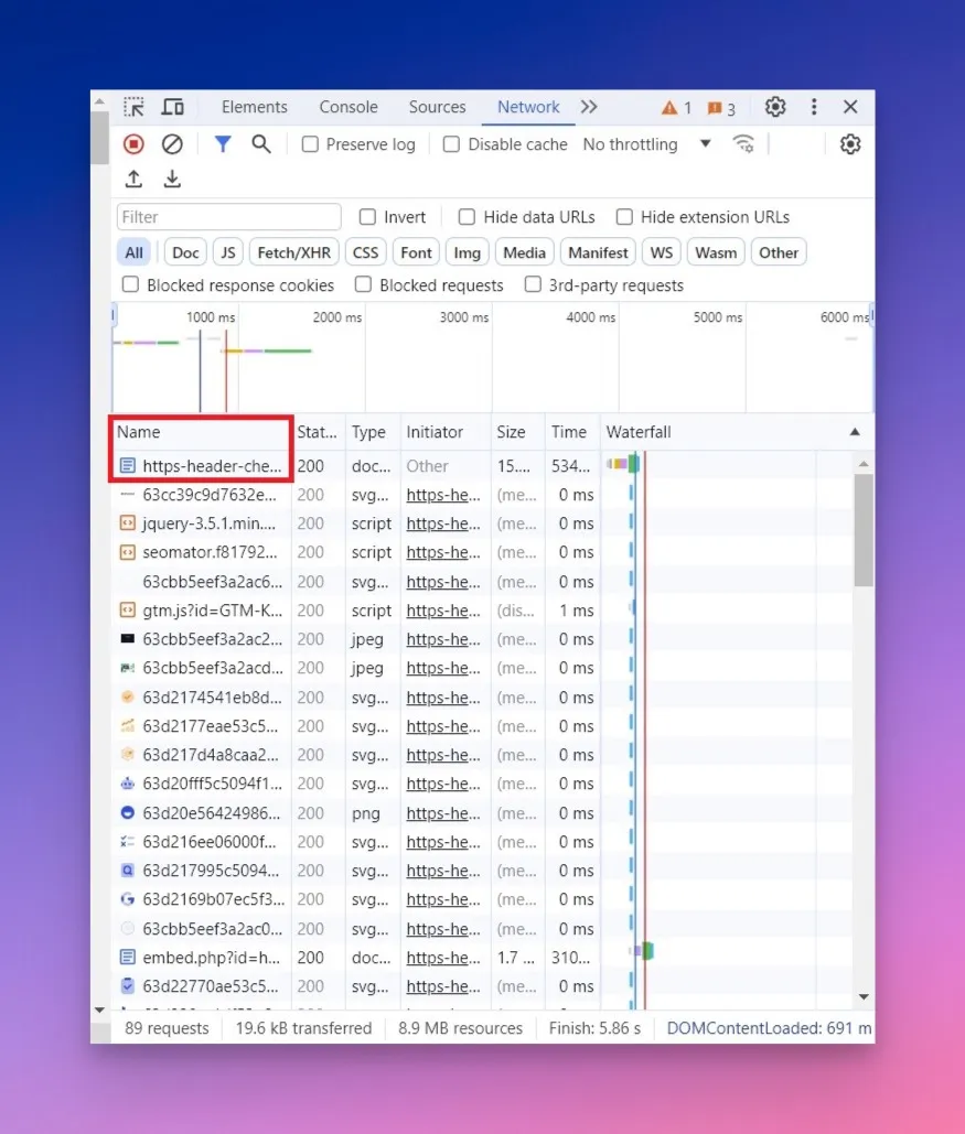 Http hader Auswahl aus Chrome's Entwickler-Tools