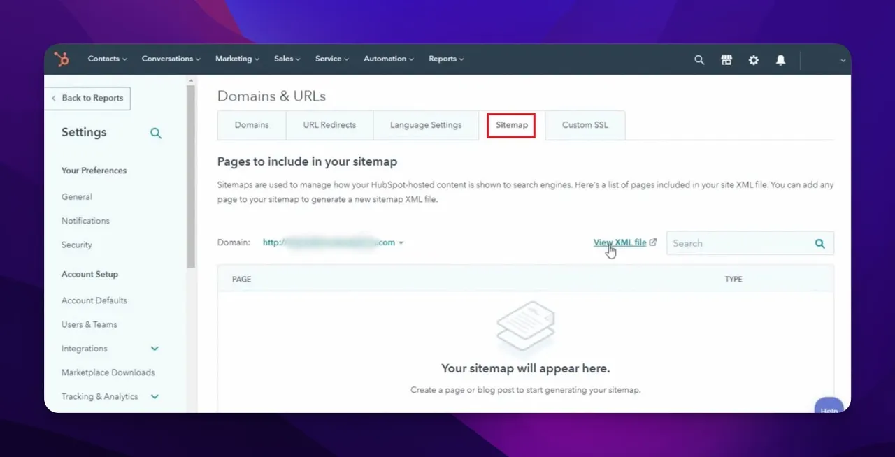 HubSpot settings panel showing the Website section with Domains and URLs navigation where the sitemap link is located