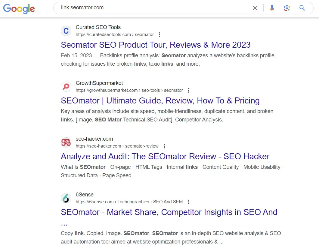 link search operator query in Google, which no longer returns backlinks