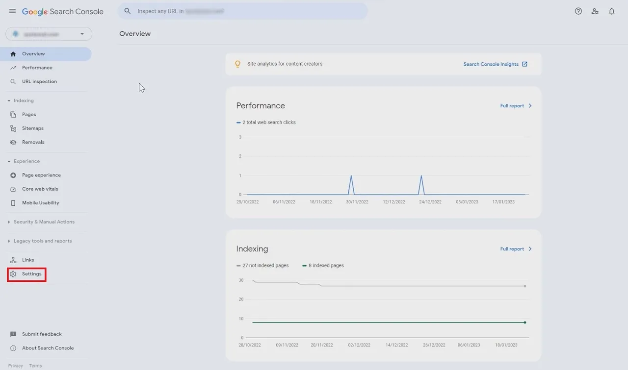 settings section on Google Search Console