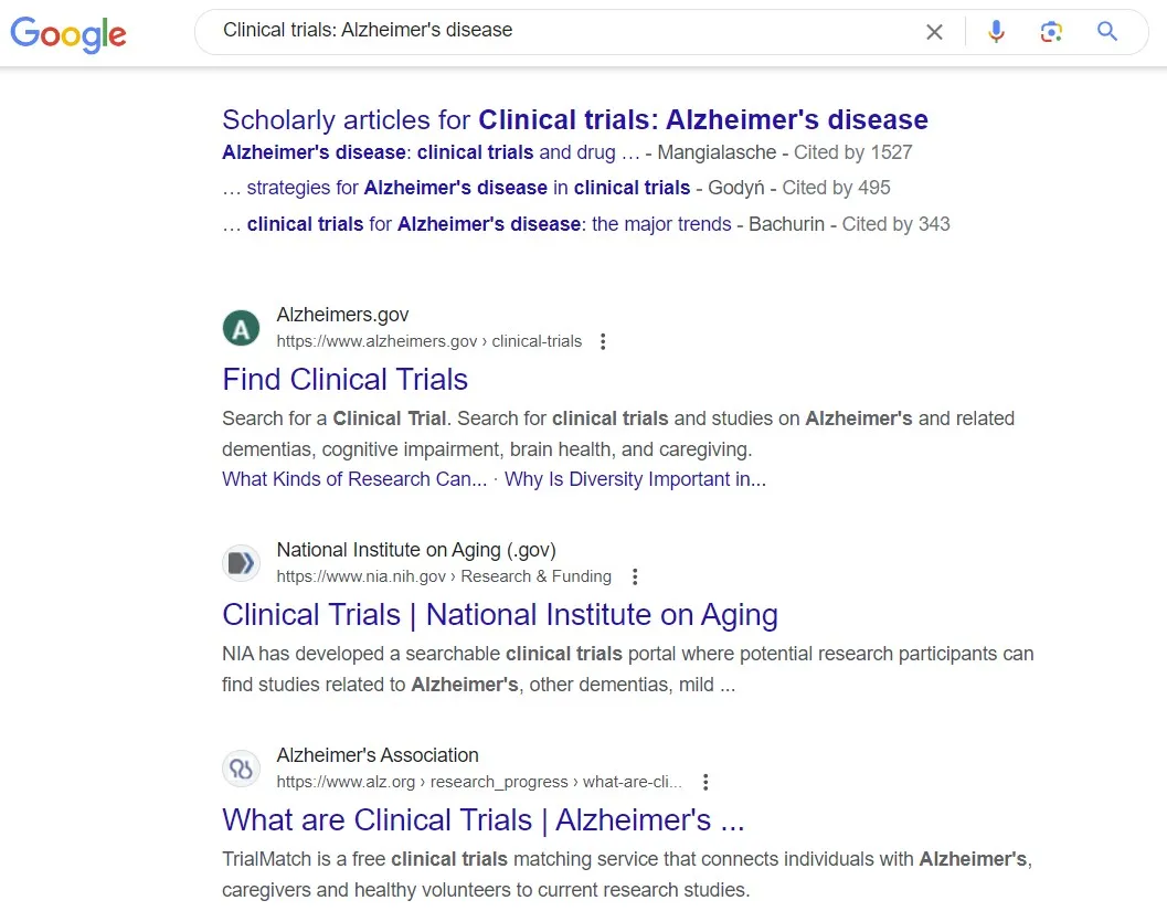 clinical trials search operator query for Alzheimer's research on Google