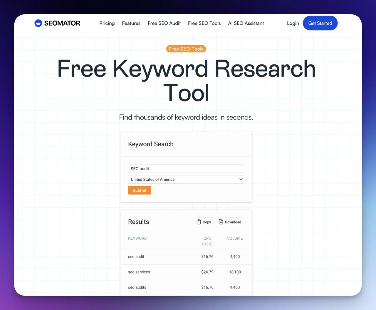 searching for a keyword on a website with seomator's keyword research tool