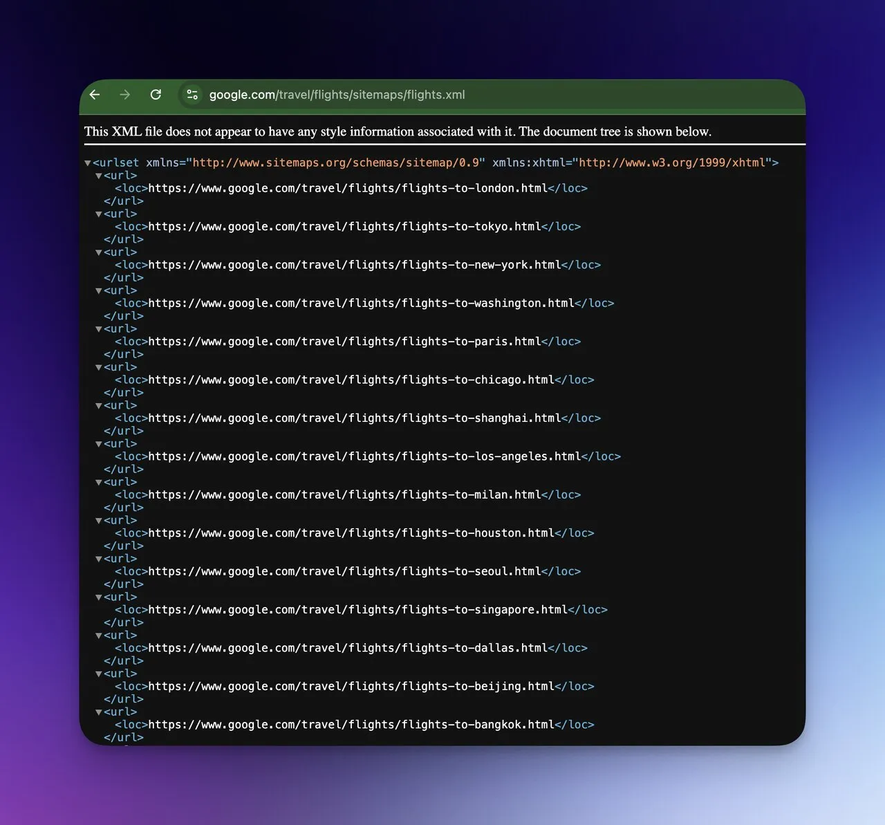 XML Sitemap-Dateistruktur mit URL-Eintraegen, Standort-Tags und letzten Aenderungsdaten