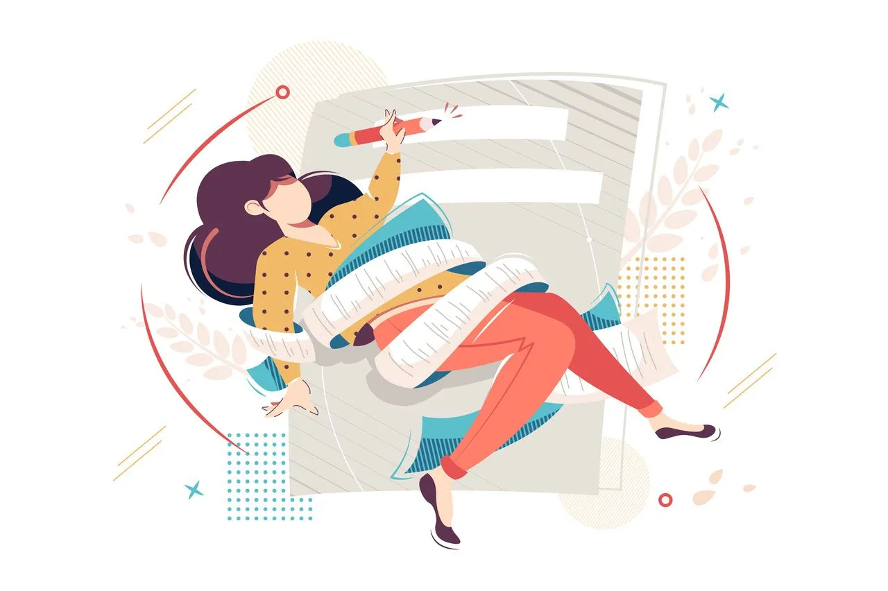 eine Illustration einer Frau, die das Schreiben eines Artikels zeigt