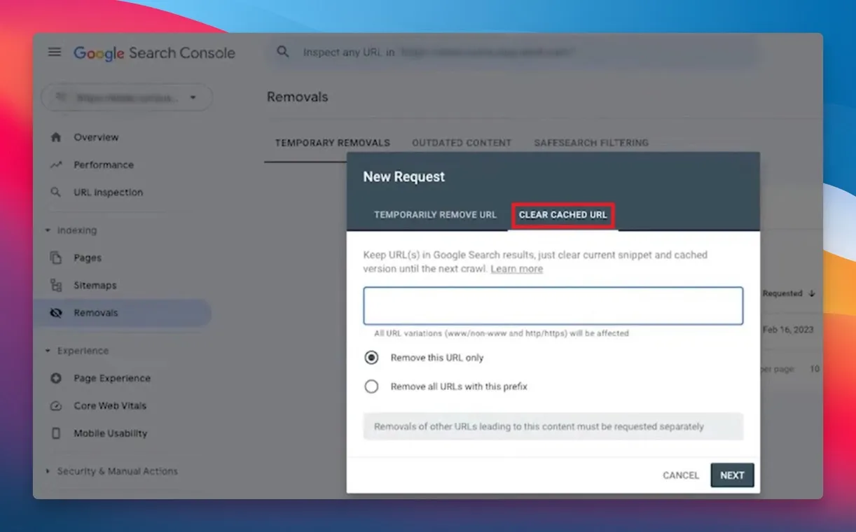 removing a cached url from google index by using search console