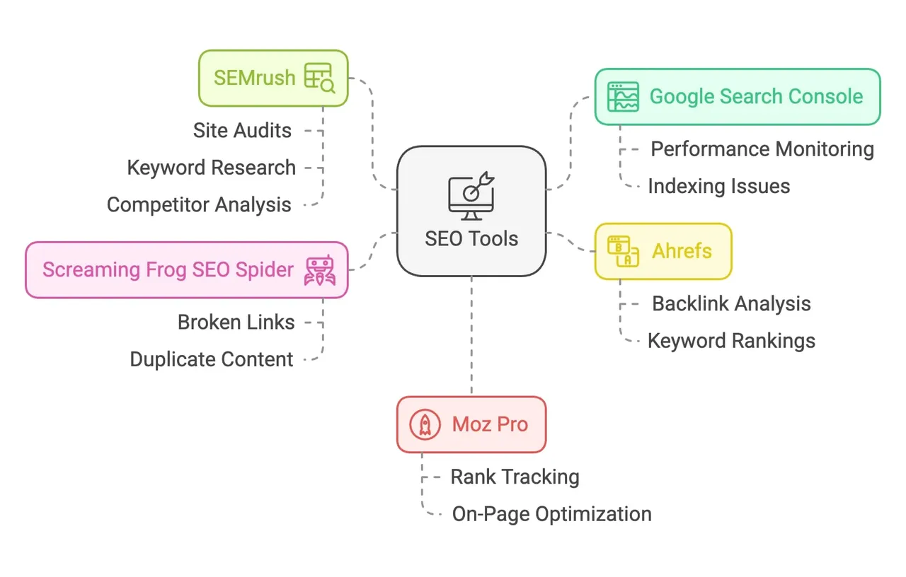 Comparison of popular SEO audit tools including Google Search Console, SEMrush, Ahrefs, and Screaming Frog