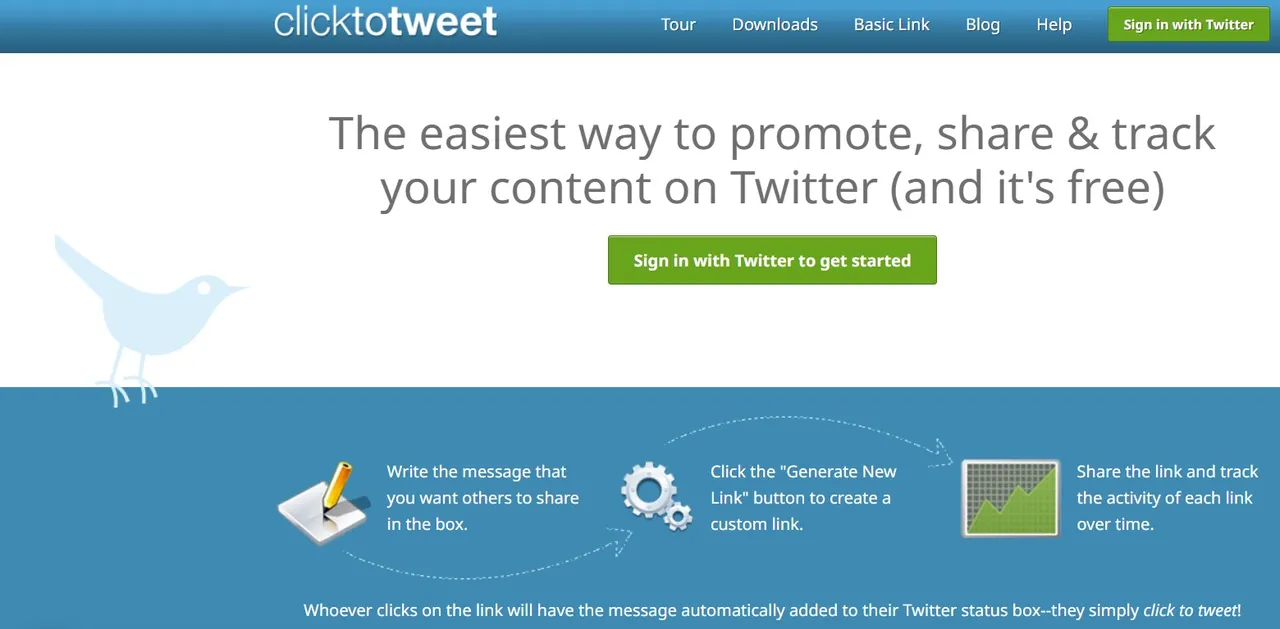 The homepage of ClickToTweet which is one of the content distribution platforms