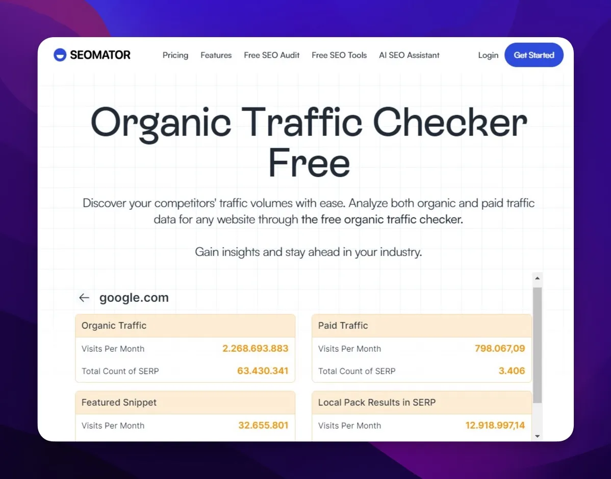 SEOmator's organic trafic checker tool