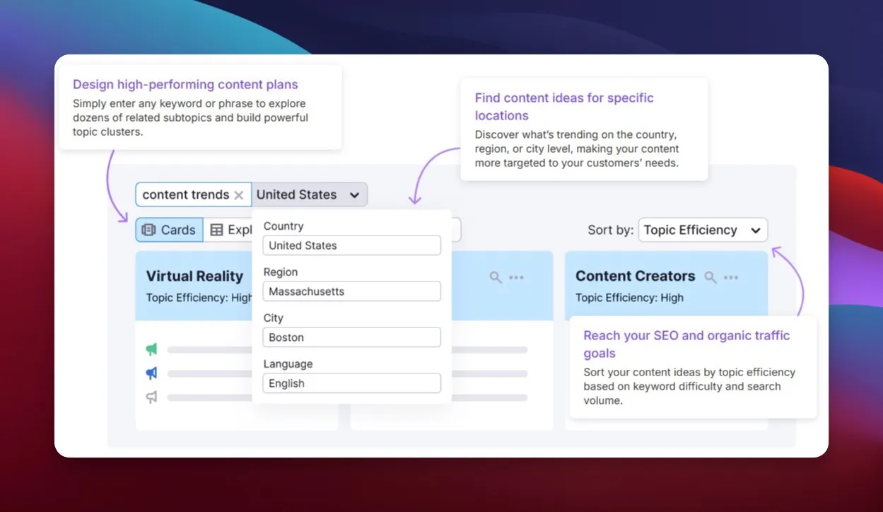 Semrush topic research tool