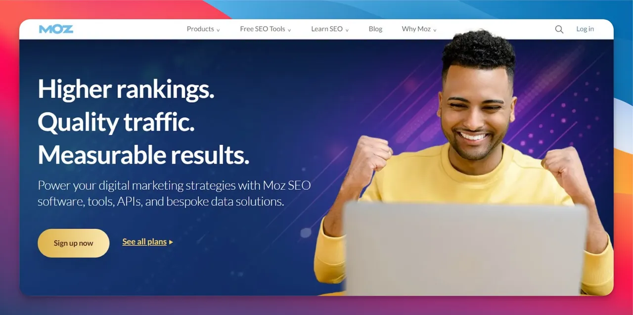 Moz Pro dashboard showing Domain Authority score, link metrics, and keyword ranking overview
