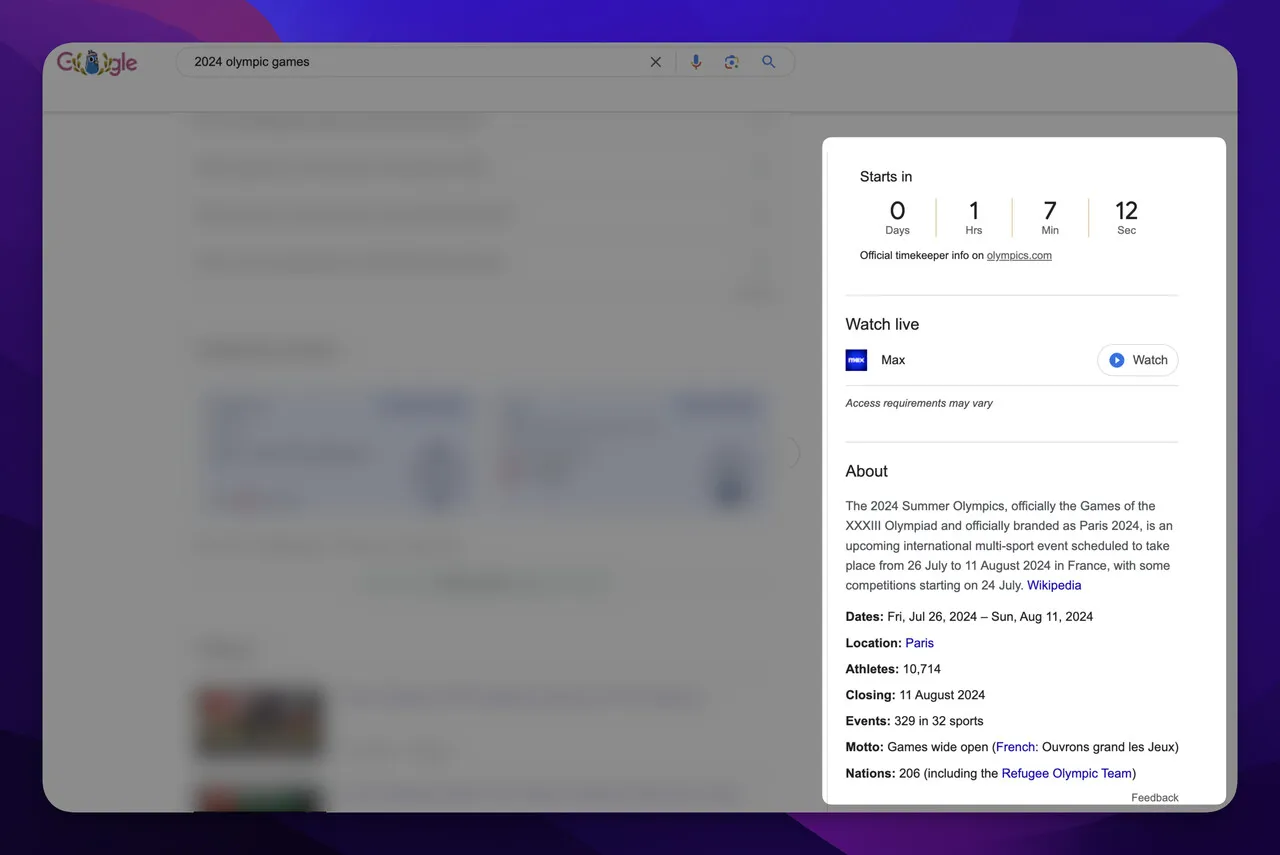 knowledge panel in der serp über die olympischen spiele