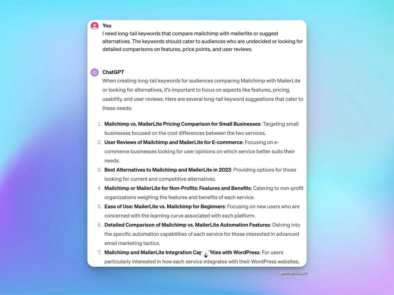 Comparison keyword prompt results for product alternatives research