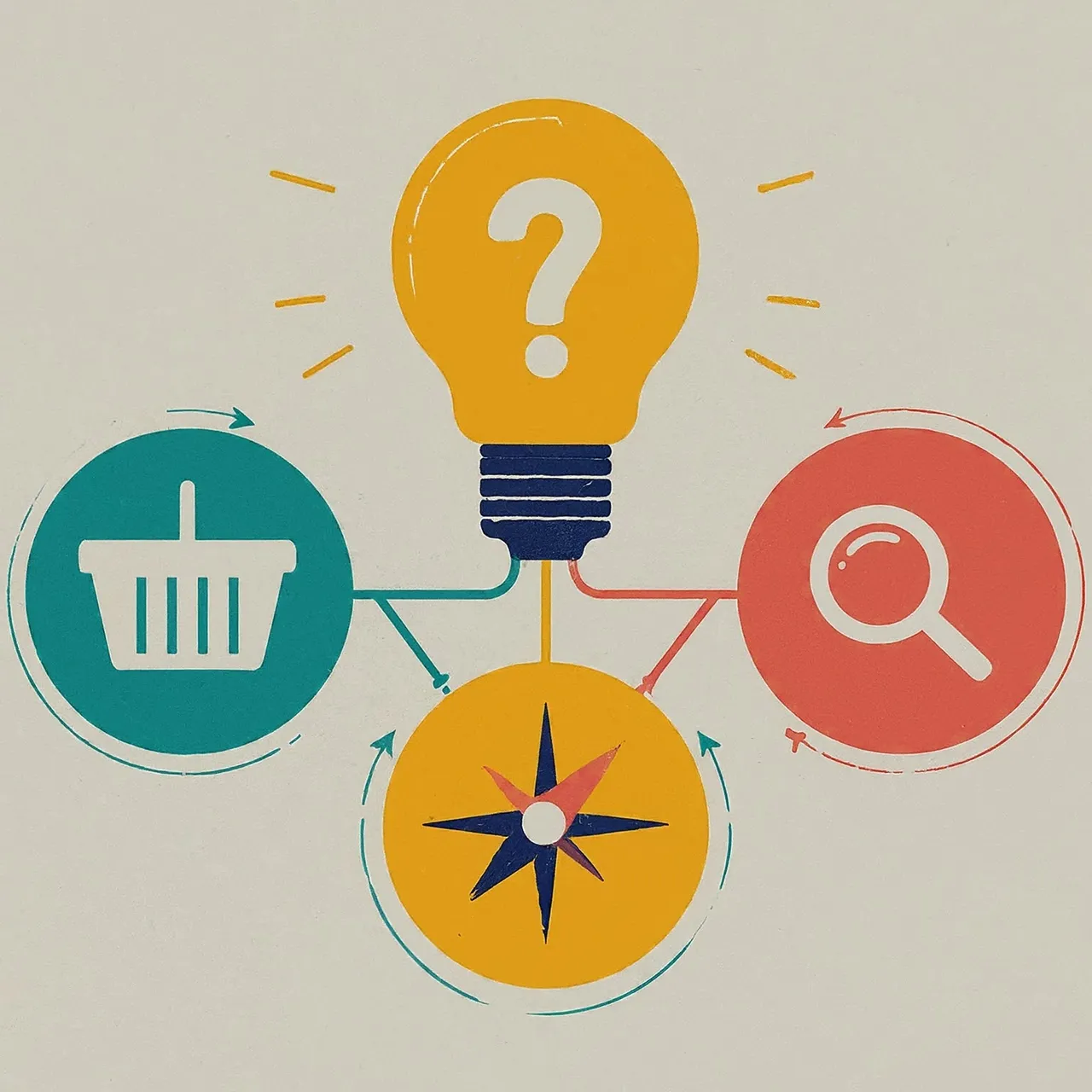 search intent symbolizing with a bulb, a magnifying glass, a compass, and ashopping basket