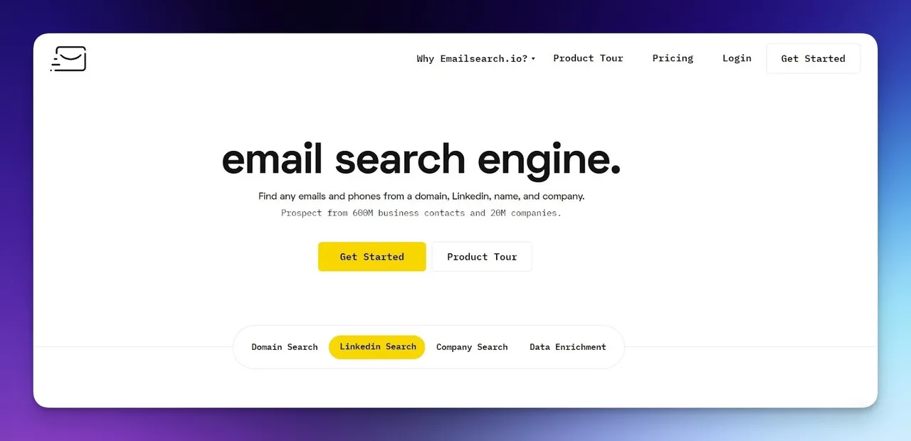 ein Screenshot von der Homepage von emailsearchengine.io, einem der E-Mail-Finder-Tools
