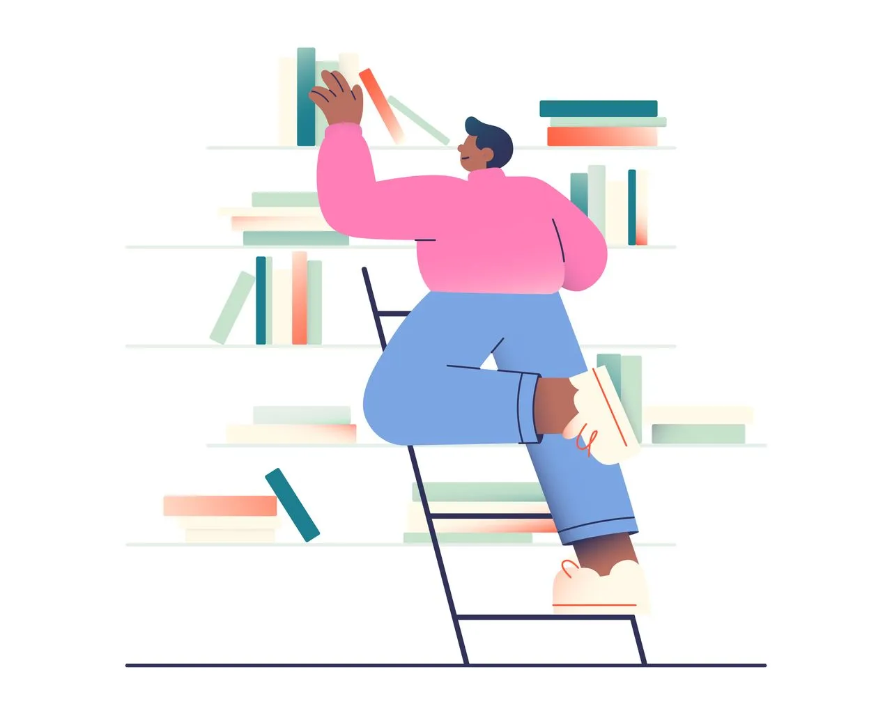 an illustrative man choosing a book from the library