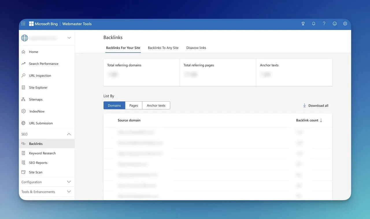 Bing webmaster tools dashboard