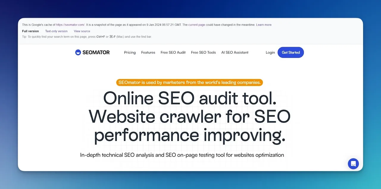 Google-Cache-Detail der SEOmator-Startseite