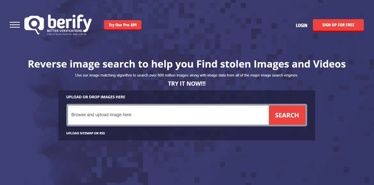 homepage of Berify which is a reverse image search tool