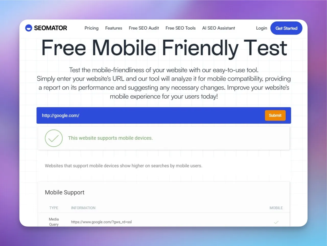 mobile friendly test tool of SEOmator