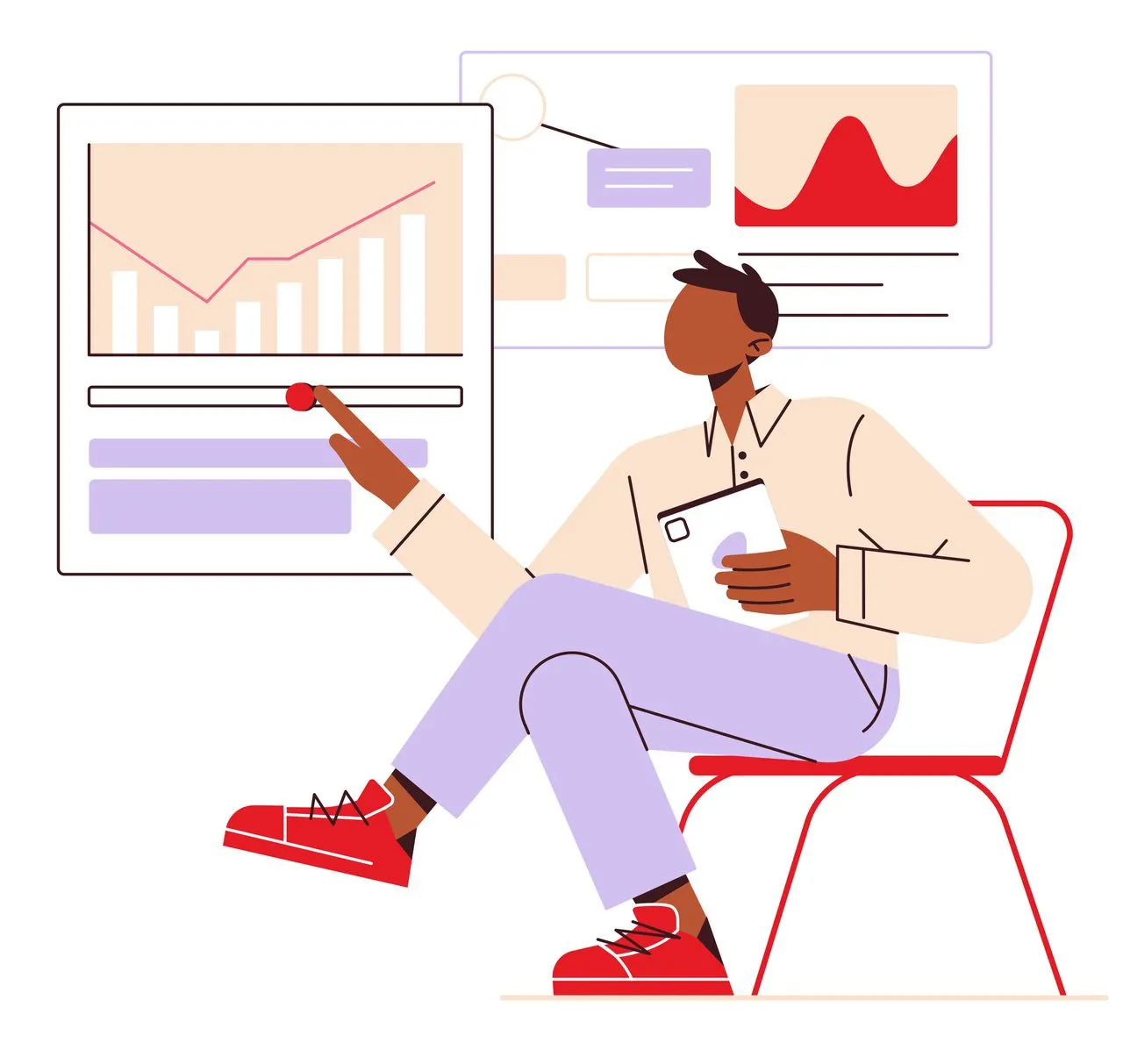 an illustrative man checking content's graphic