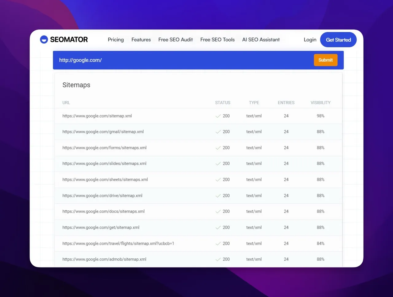 SEOmator Sitemap Finder tool interface with a URL input field and Submit button for discovering website sitemaps