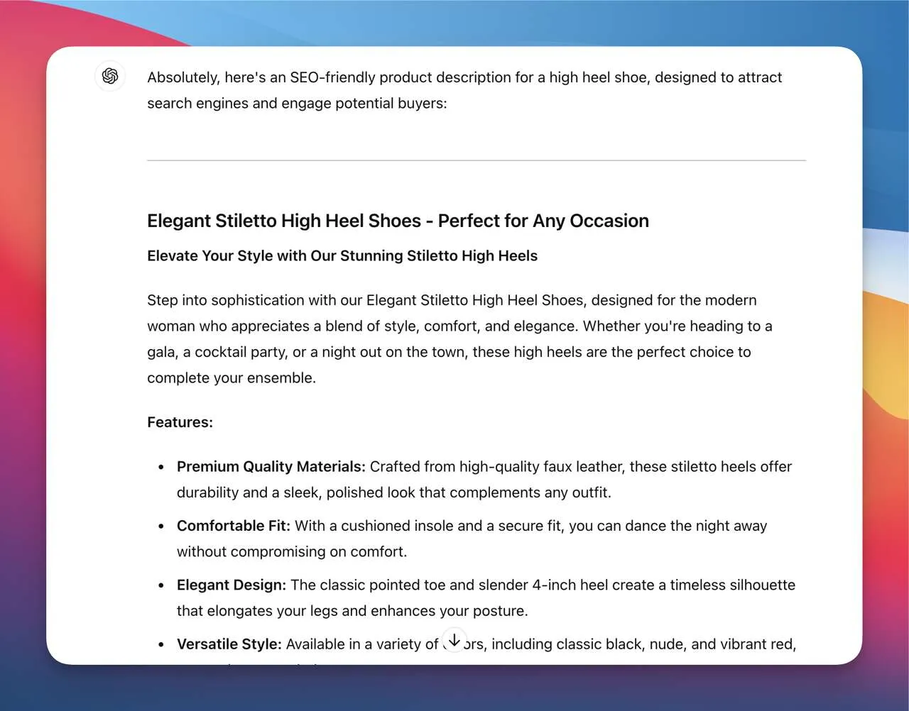 product description generated by chatgpt