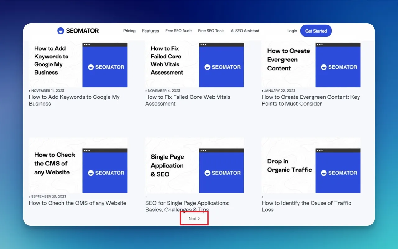 Pagination example showing numbered page navigation on SEOmator blog archive