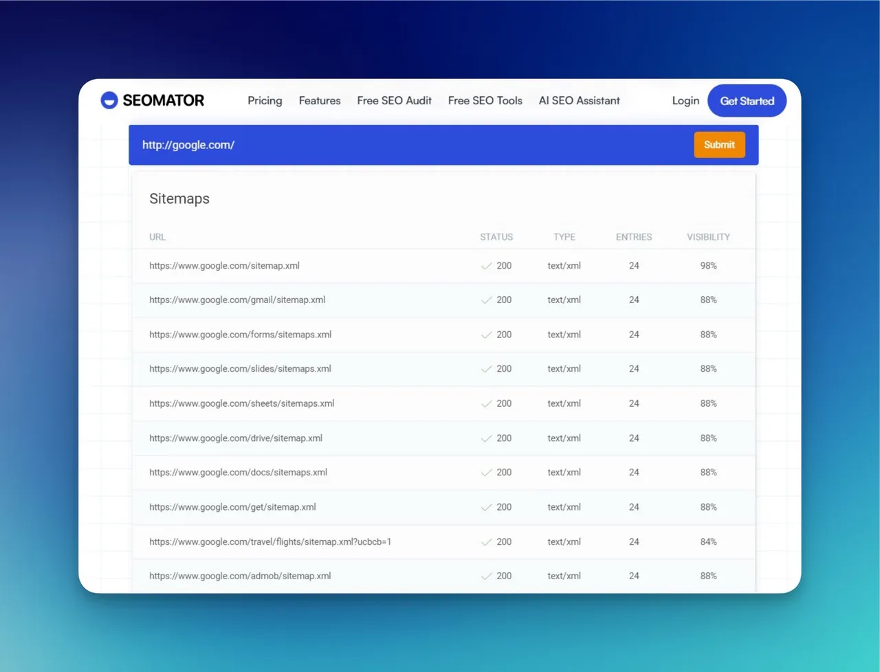 SEOmator Sitemap Finder tool interface showing URL input field and scan results for a Ghost CMS website