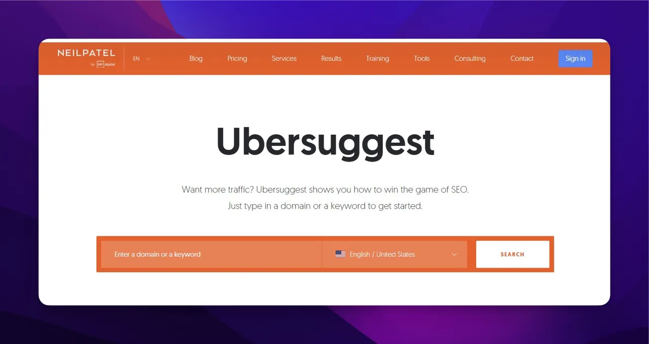 Ubersuggest homepage showing keyword research and SEO audit tools