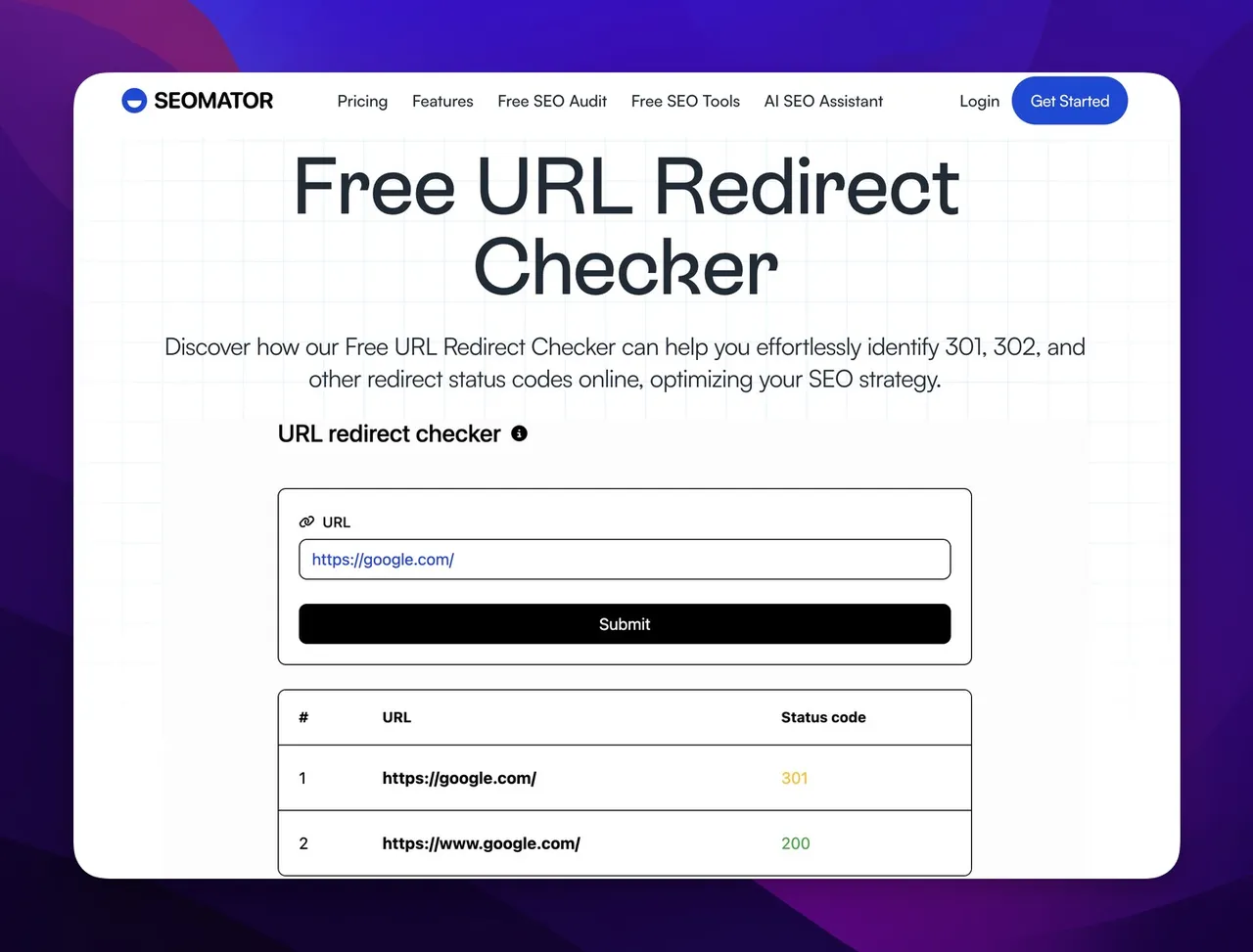 SEOmators Tool zur Überprüfung von URL-Weiterleitungen