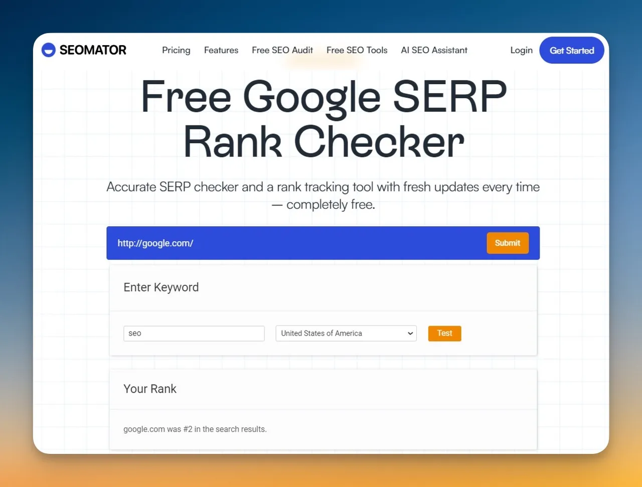 SEOmator's free Google SERP rank checker tool