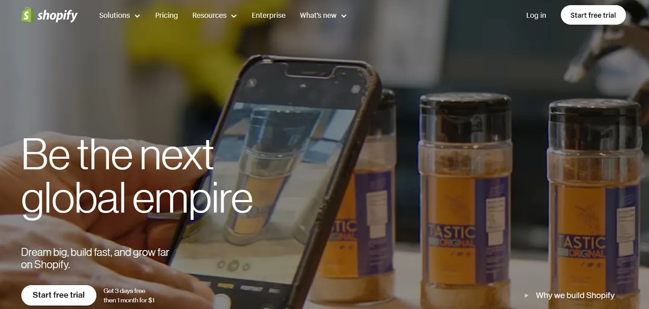 Shopify E-Commerce-Plattform Startseite mit Website-Builder-Funktionen und Preisoptionen