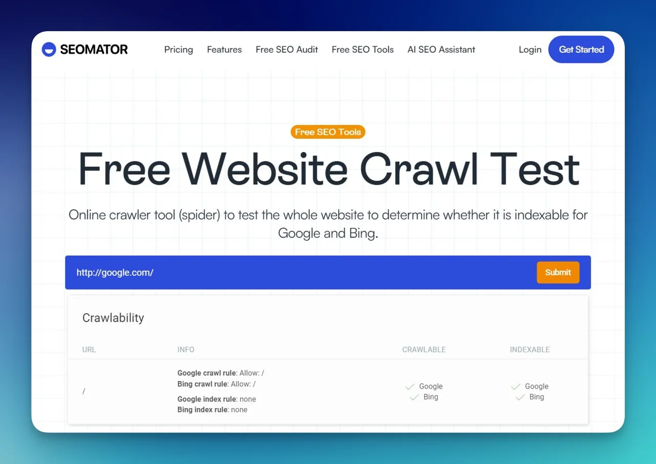 SEOmator Website-Crawl-Checker-Tool-Oberflaeche zum Testen der Website-Indexierbarkeit