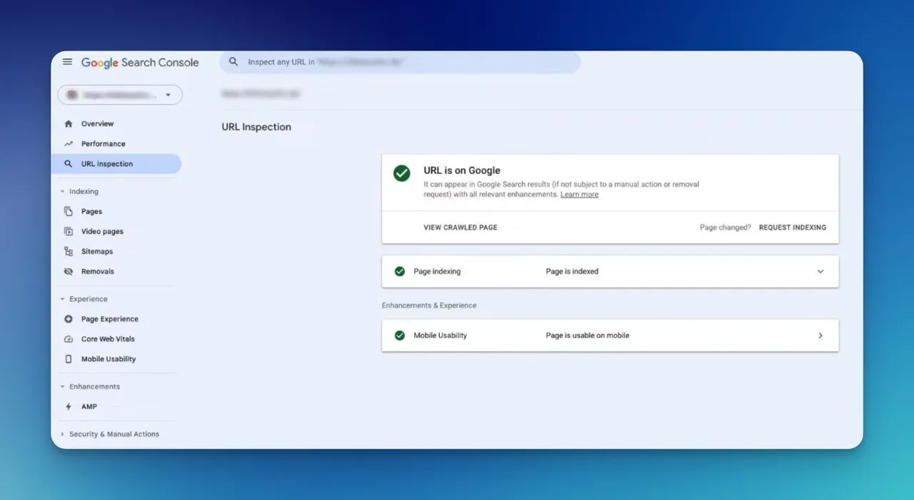 Google Search Console URL-Inspektionstool zeigt indexierten Seitenstatus mit grünem Häkchen