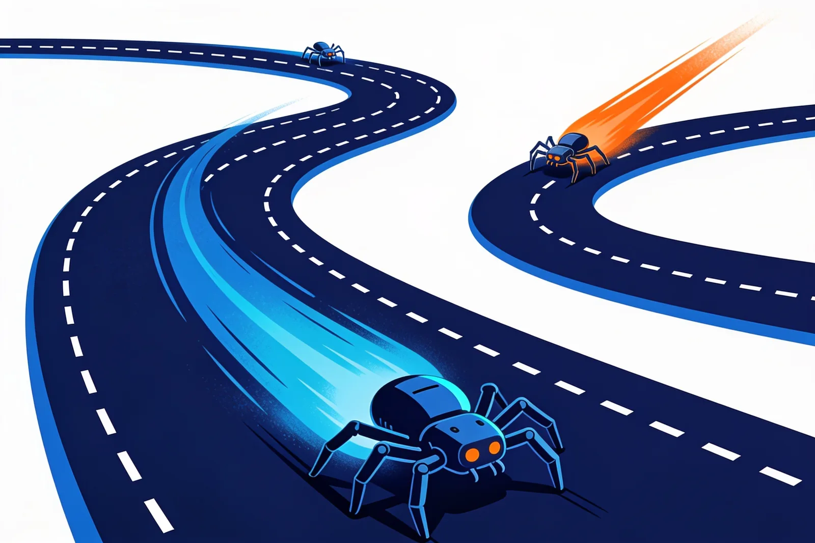 Stylized racetrack of dashed lanes where a blue robot crawler slows while an orange rival accelerates past