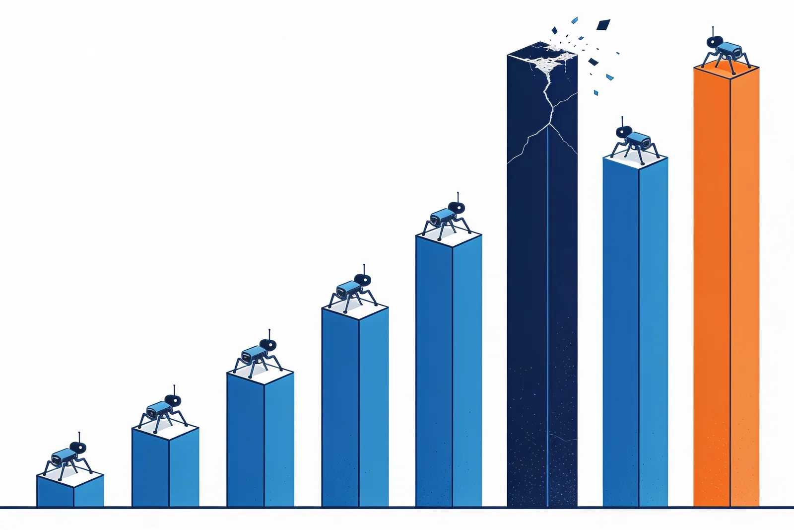 Bar-style towers climbed by robot crawlers, the tallest one cracking as smaller towers rise beside it