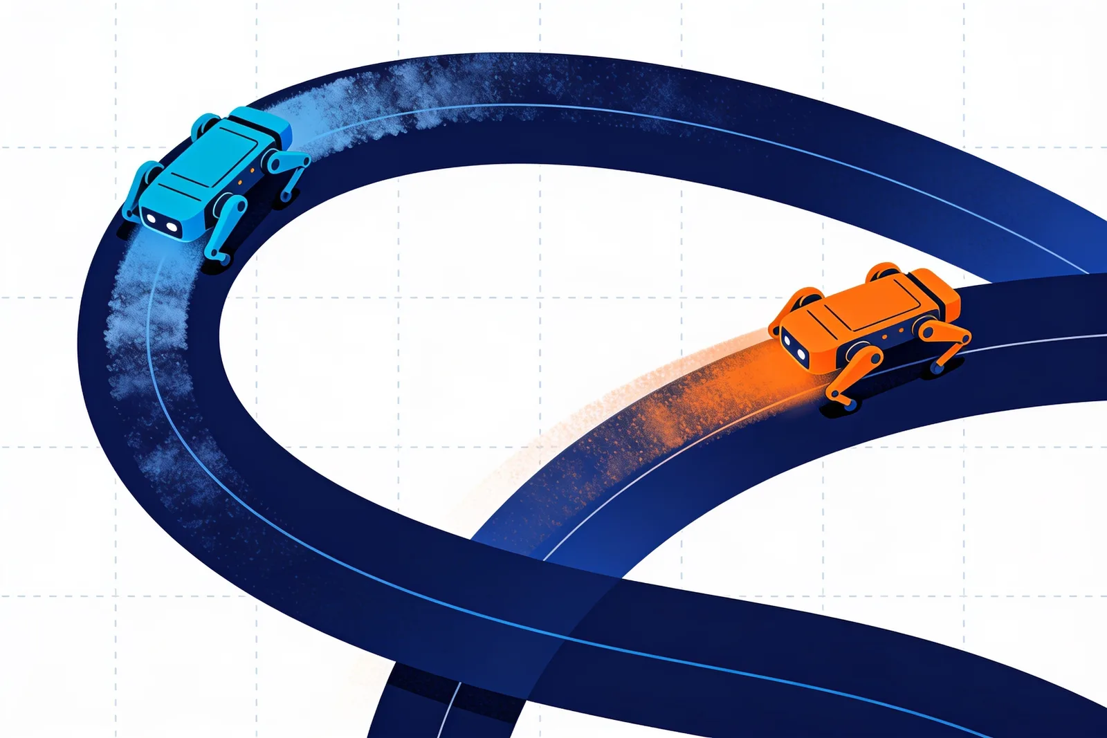 Blue robot crawler slowing on a descending track while an orange crawler accelerates past on a rising track