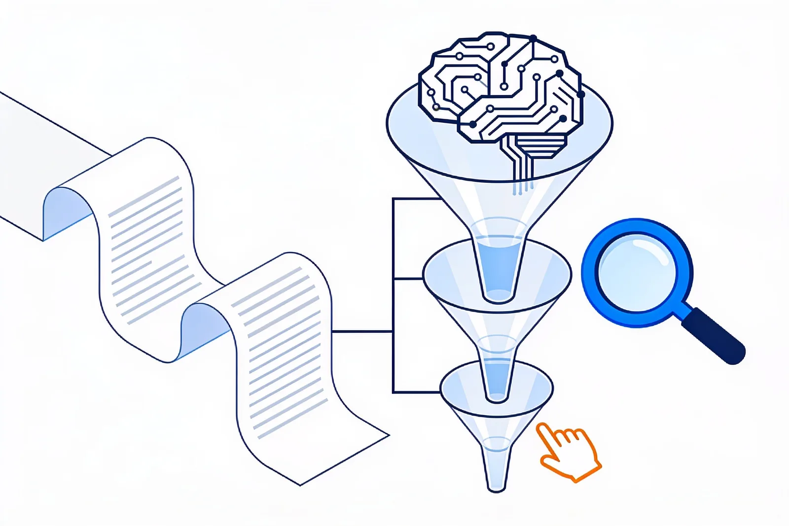 Stream of documents splitting into three funnels that feed a circuit brain, a magnifying glass, and a cursor hand