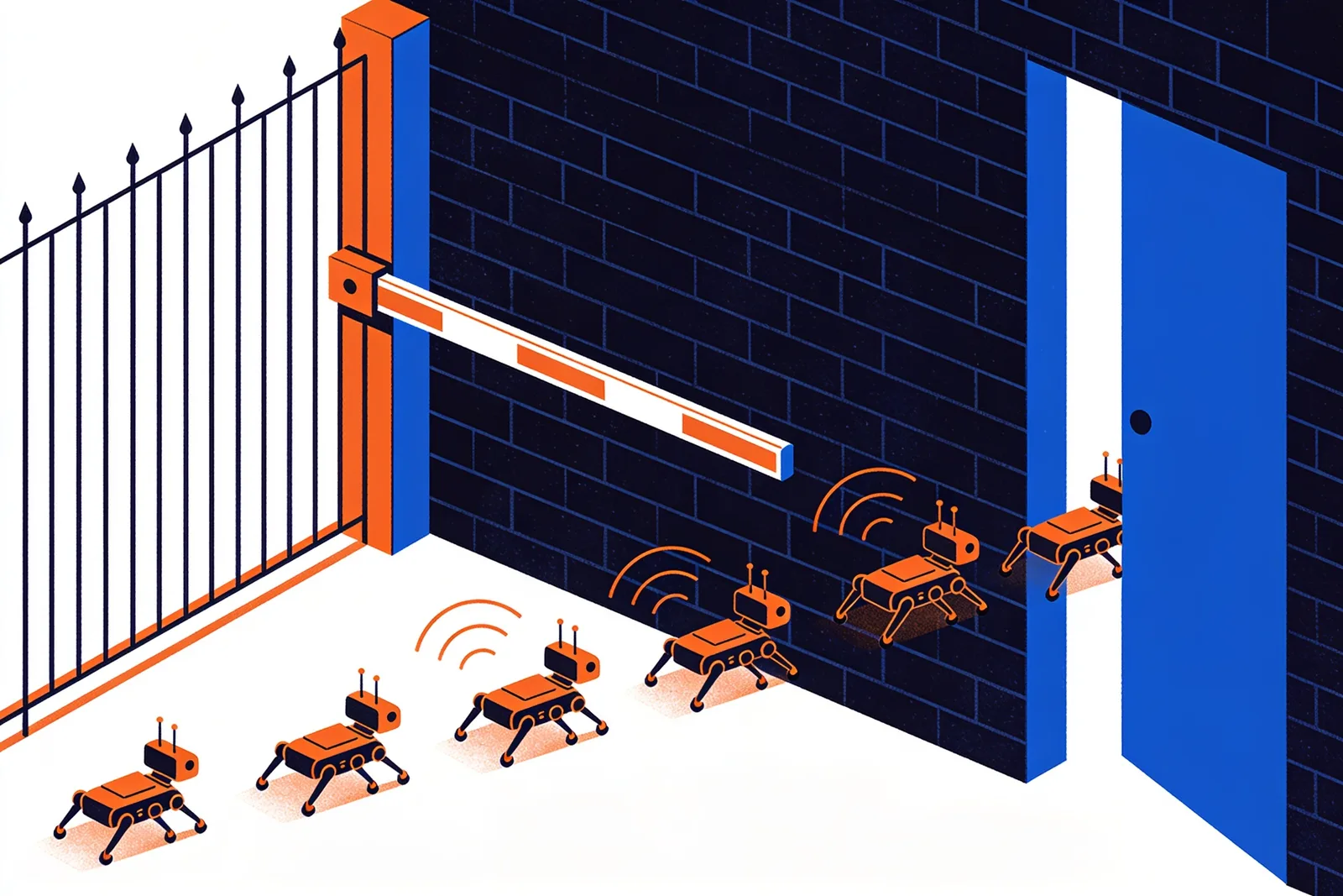 Queue of robot crawlers at a gate with a lowered barrier arm, a third bouncing away while the rest pass a narrow door