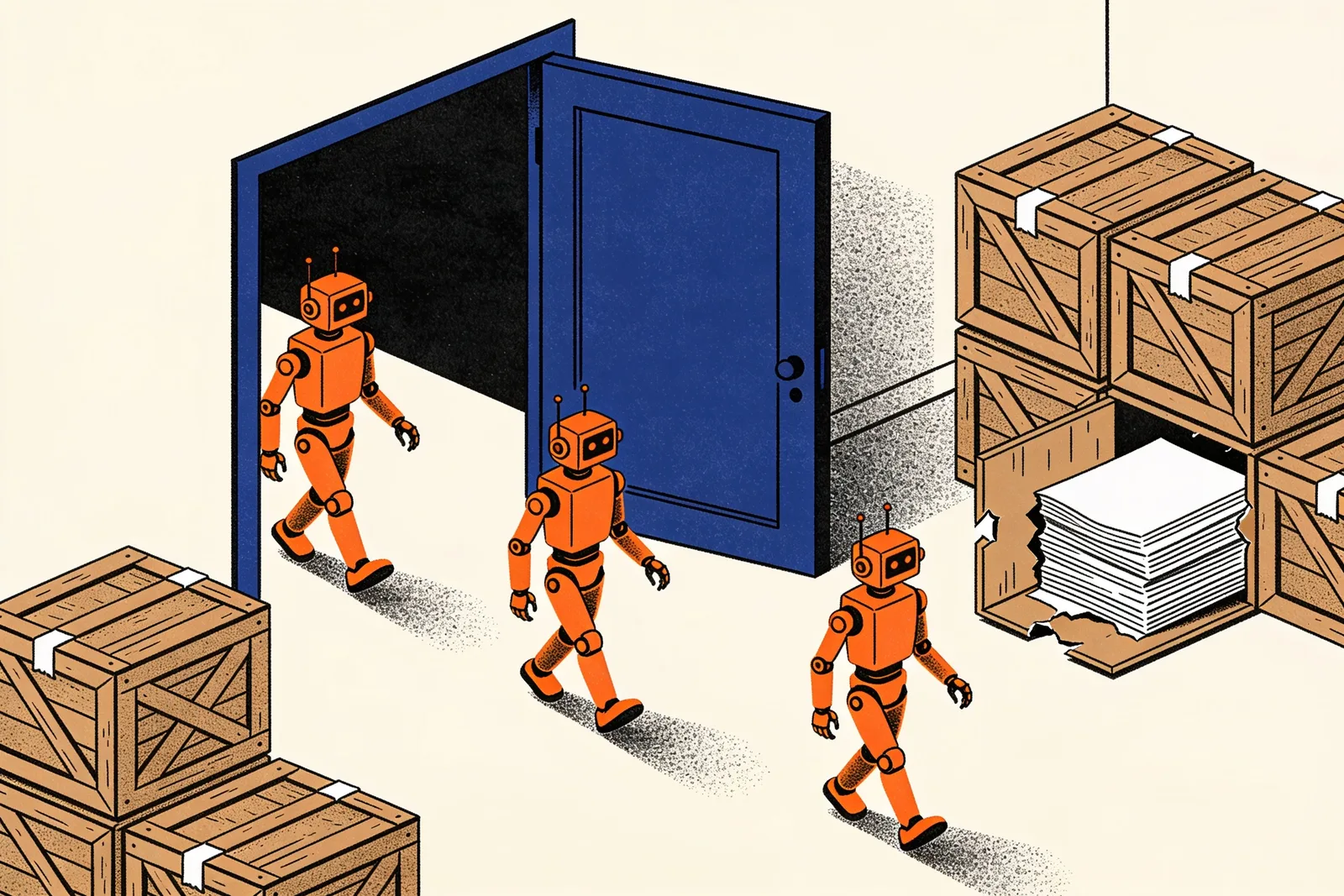 Robots walking through an open door into a room of sealed crates, one broken open