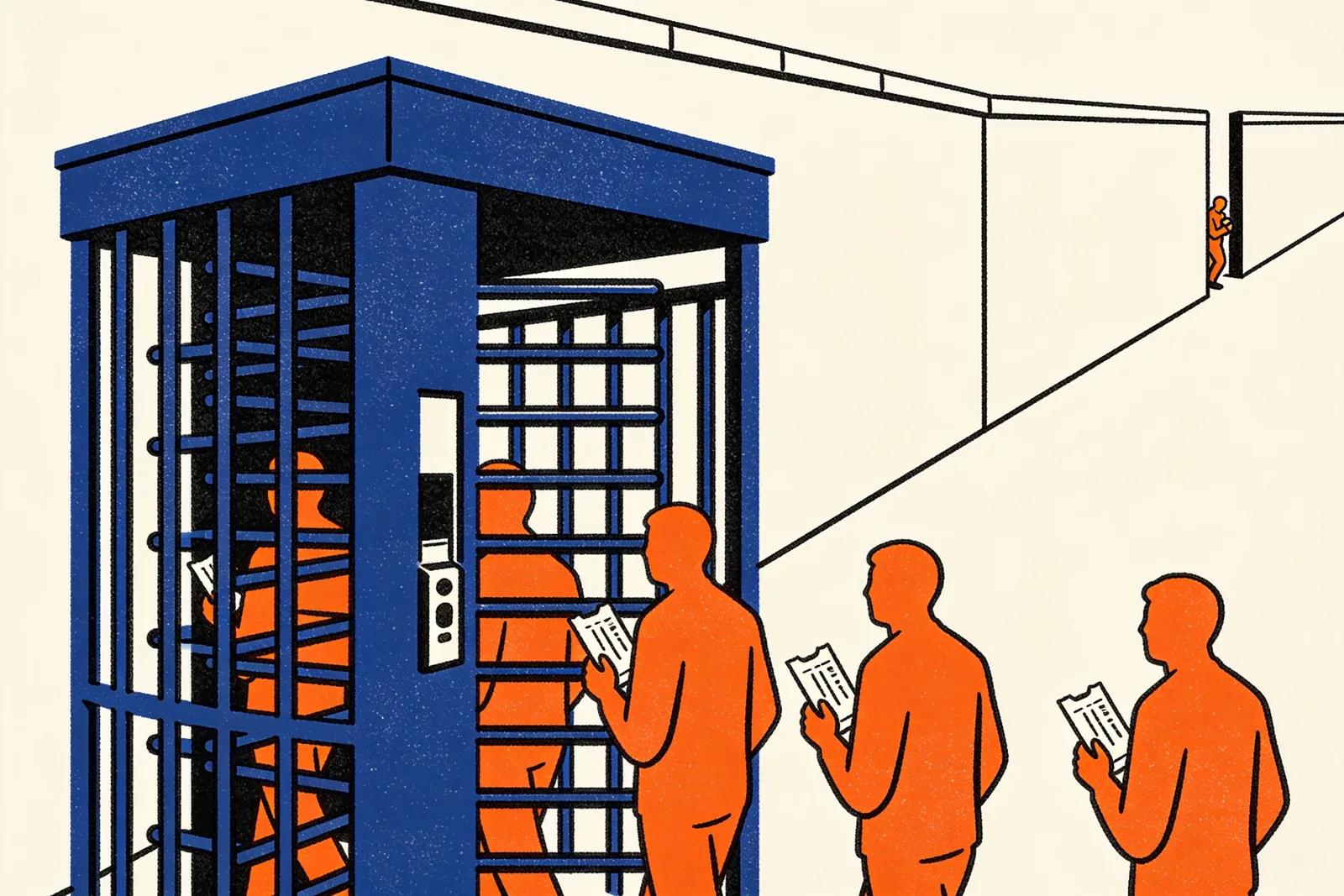 Turnstile admitting only ticket holders while a lone figure enters through a distant side gap